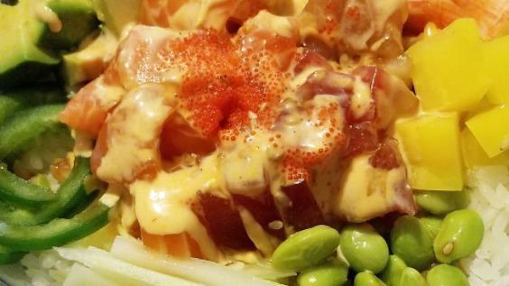 Surf & Turf Bowl · Chicken, shrimp, oshiko, kani, seaweed salad, edamame, avo jalapeño, teriyaki sauce.