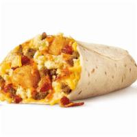Ultimate Meat & Cheese Breakfast Burrito · Scrambled eggs, cheddar cheese, baja cheese sauce, sausage, bacon, tater tots.