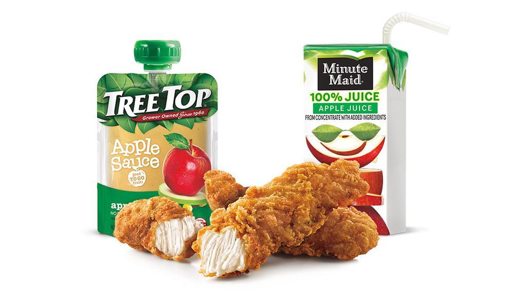 2 Pieces Chicken Tenders Kids' Meal · Crispy-on-the-outside, juicy-on-the-inside all white meat chicken strips. Dip them in sauce or eat them plain. Served with your choice of drink.