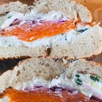 Fresh Smoked Lox & Cream Cheese · lox and cream cheese on a bagel