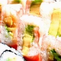 The David Roll · Fried sweet potato, avocado topped with spicy salmon.
