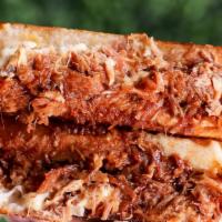 Bbq Pork Cheese Melt · Smoked Bbq pork, Bbq sauce, havarti cheese, mozzarella cheese, and Cheddar cheese, on grille...