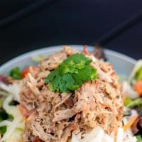 Bbq Pork Salad · 12 hour smoked pork, cherry tomatoes, thinly sliced onions, house asian pickles, organic spr...