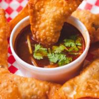 6 Fried Birria Wonton · Deep fried wonton filled with 18-hour smoked brisket and cheese, comes with spicy and tangy ...