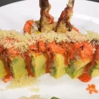 Angry Dragon Roll · Tempura shrimp, spicy tuna, and avocado wrapped with soybean paper. Topped with spicy crab, ...