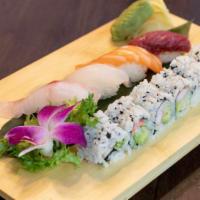 Sushi & Sashimi Combo · Raw. 5 sushi, 12 sashimi and 1 tuna maki.
