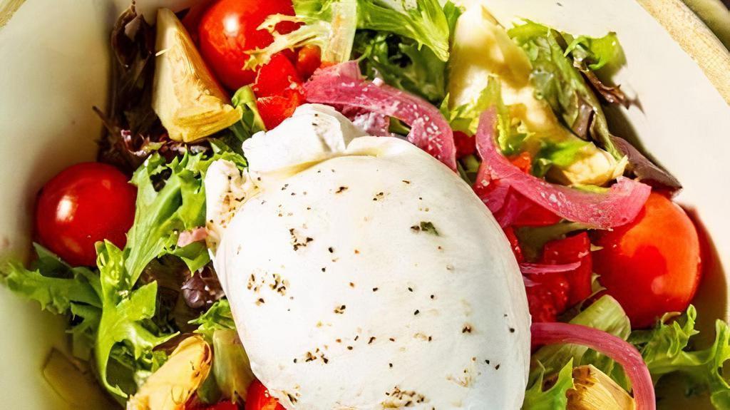 Arthur Avenue Salad · Mixed greens, artichoke hearts, kalamata olives, roasted red peppers, pickled red onions, tomatoes & balsamic vinaigrette topped with Italian burrata cheese