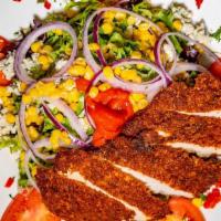 Viviana Salad · Breaded chicken cutlet, mixed greens, red onions, corn, roasted red peppers, bleu cheese cru...