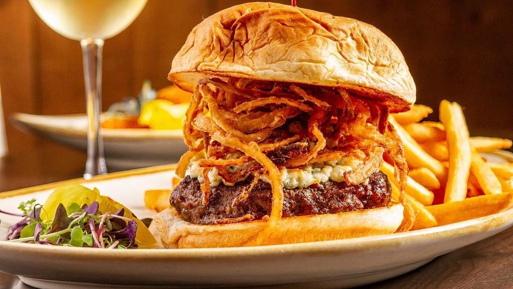 Bleu Cheese Burger · Beef burger topped with blue cheese crumbles & onion straws