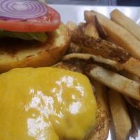 Buffalo Bleu Burger · Topped with bleu cheese crumbles, bacon and hot sauce.