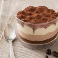 Tiramisu Cup · Coffee and Zabaione cream on a layer of sponge cake soaked in espresso, dusted with cocoa po...