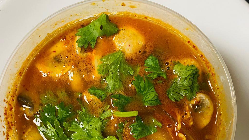 Tom Yum Soup · Spicy. Famous Thai spicy soup, with lemongrass and mushrooms.