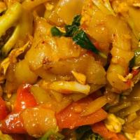Pad Kee Moa/Drunken Noodle · Spicy. Fresh broad noodles, bell pepper, onion, and basil.