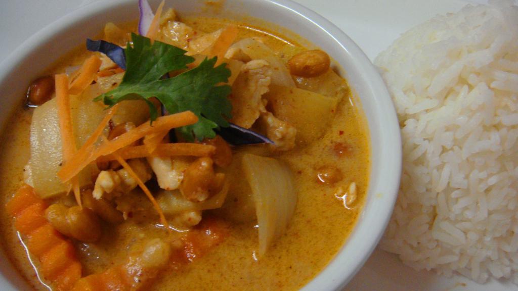 Massaman Curry · Potatoes, onion, carrot, and peanuts in curry and coconut milk. Served with jasmine rice.
