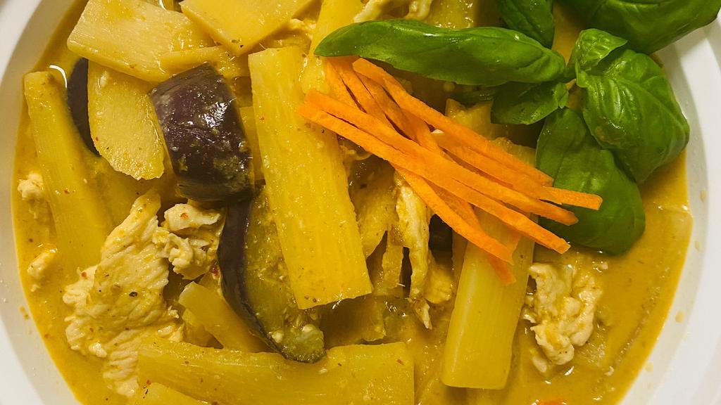 Green Curry · Spicy. Bamboo shoots, eggplant, bell peppers, and basil in curry and coconut milk. Served with jasmine rice.