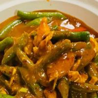 Prik Khing · String beans and bell pepper, in a spicy curry paste. Served with jasmine rice.