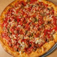 Pizza With The Works · Tomato and cheese pizza with sausage, mushroom, pepperoni, meat-ball, onion, green-pepper, a...