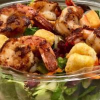 Jerk Chicken & Shrimp Salad · Mixed garden salad with chopped romaine lettuce, mixed spring greens, shredded carrots, chop...