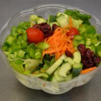 Garden Salad · Mixed garden salad with chopped romaine lettuce, mixed spring greens, shredded carrots, chop...