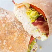 Chicken Salad Bacon Wrap · Thank Fratelli Chicken Salad, Bacon, Romaine Lettuce and Tomato (Whole Wheat Wrap)