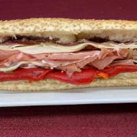 Godfather · Hot or sweet capicola, Imported mortadella, imported prosciutto, and provolone with roasted ...