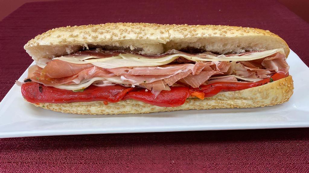 Godfather · Hot or sweet capicola, Imported mortadella, imported prosciutto, and provolone with roasted peppers and balsamic vinegar.