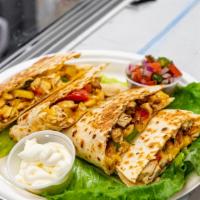 Chicken Quesadilla · Grilled chicken, grilled onions, peppers, melted cheddar cheese, mozzarella cheese, and sour...