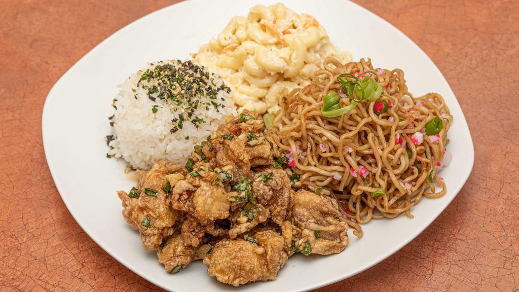 Fried Noodles With Garlic Chicken & Mac Salad · *Consuming raw or undercooked meats, poultry, seafood, shellfish, or eggs may increase your risk of foodborne illness.
