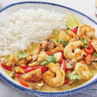 New! Shrimp & Chicken Curry · With sautéed mushrooms and red bell peppers in a creamy, slightly spicy, Thai green curry. S...