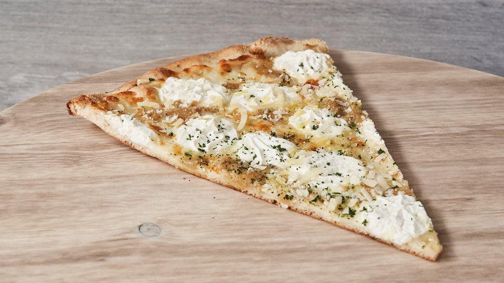 Bianco Pizza · Ricotta, grande cheese, and caramelized onions; topped with Parmigiano Reggiano, extra virgin olive oil.