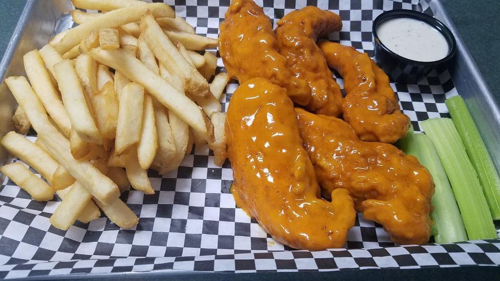 *Buffalo Chicken Tenders · tossed in your choice of one of . our signature sauces, served with fries, bleu cheese dressing & celery