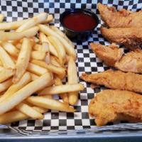 *Chicken Tenders · hand-breaded buttermilk fry’d chicken tenders, served with fries and your choice of bbq sauc...