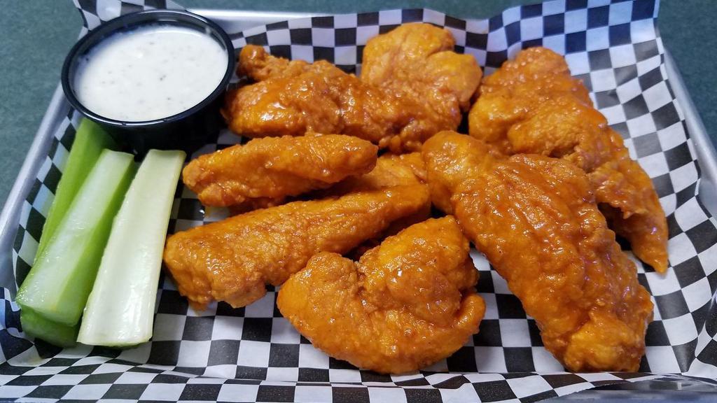 *Boneless Wings · lightly hand-breaded chicken breast chunks tossed in one of our signature sauces and served with bleu cheese dressing & celery