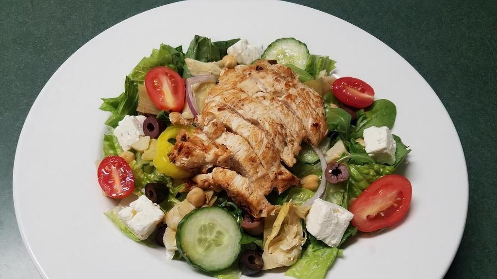 *Chicken Greek Salad · grilled chicken, feta cheese, tomatoes, cucumbers, red onion, kalamata olives, artichoke hearts, banana pepper, garbanzo beans, fresh salad greens, red wine vinaigrette