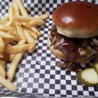 *Guinness Bacon Swiss Burger · our “G” sauce, swiss cheese, bacon, . grilled onions