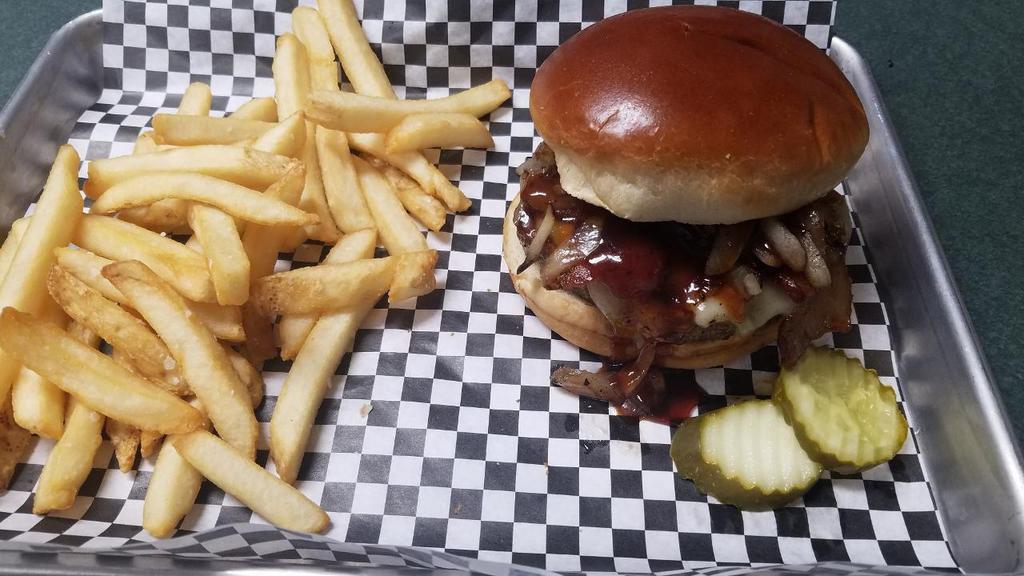 *Guinness Bacon Swiss Burger · our “G” sauce, swiss cheese, bacon, . grilled onions