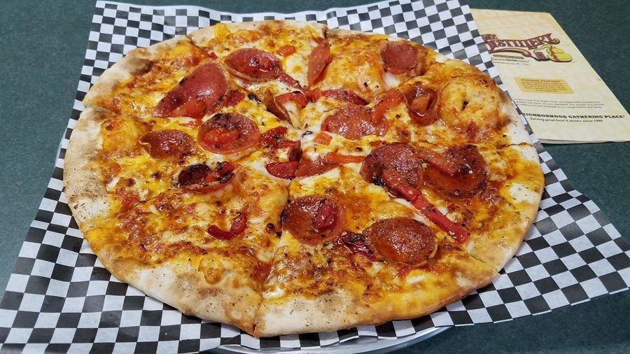 *Charred Pepperoni Pizza · random cut, roasted red peppers, mozzarella & our housemade tomato sauce