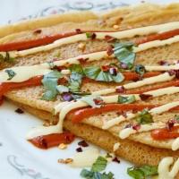 Pizza Crepe · Homemade marinara sauce, cashew cheese, fresh basil and red pepper flakes. Add two toppings ...