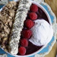 Bright Eyes Acai Bowl · Acai, blueberries, cherries, banana, date, lemon juice, maca, chia seeds, Anita's coconut yo...