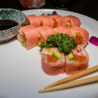 Rumson Roll · spicy tuna avocado mango,king crab salad inside wrapped with soybean paper ,truffle wasabi  ...