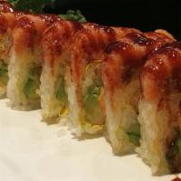 Ichiban Roll · Lobster tail tempura and avocado topped with spicy tuna and tempura flakes.