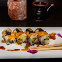 Vader Roll · white tuna kani avocado inside ,topped with scallop ,truffle wasabi soy sauce