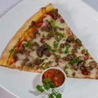 Super Pizza Slice · Red onion, green pepper and fennel ground sausage.
