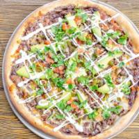 Mexican Pizza · Fried beans, onions, tomatoes, cilantro, sour cream, avocado. Your choice of meat: chorizo, ...