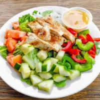 Grilled Chicken Salad · With romaine lettuce, tomato, cucumber, peppers and onions.