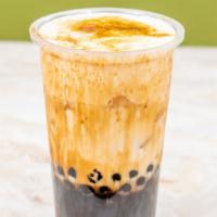 Creme Brulee Bubble Tea · Brown sugar syrup and low fat milk.