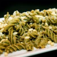 Fusilli Al Pesto · Vegetarian. 100% organic Italian durum, basil, pine nuts, garlic, parmigiano reggiano, EVOO ...