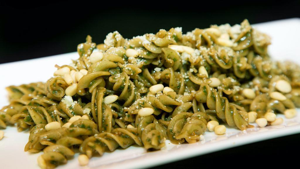 Fusilli Al Pesto · Vegetarian. 100% organic Italian durum, basil, pine nuts, garlic, parmigiano reggiano, EVOO and salt.