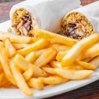Grilled Chicken House Wrap · Yellow rice, black beans and American cheese served with French fries
