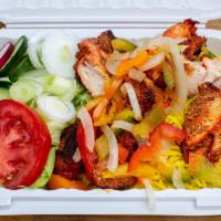 Chicken Over Rice Platter · Our speciality chicken served with basmati rice, lettuce, tomatoes, onions, sweet pepper, an...